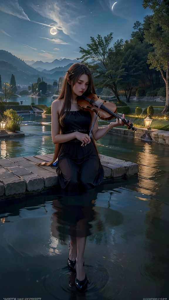 best quality,masterpiece,Ultra-high resolution,(photoactual:1.4),Fantasy,night,Moonlight,European style,Heaven,patio,pool,A 20-year-old,beauty,grace,Female angels,Long hair above waist,Elegant clothing,坐在pool旁,hand playing violin,