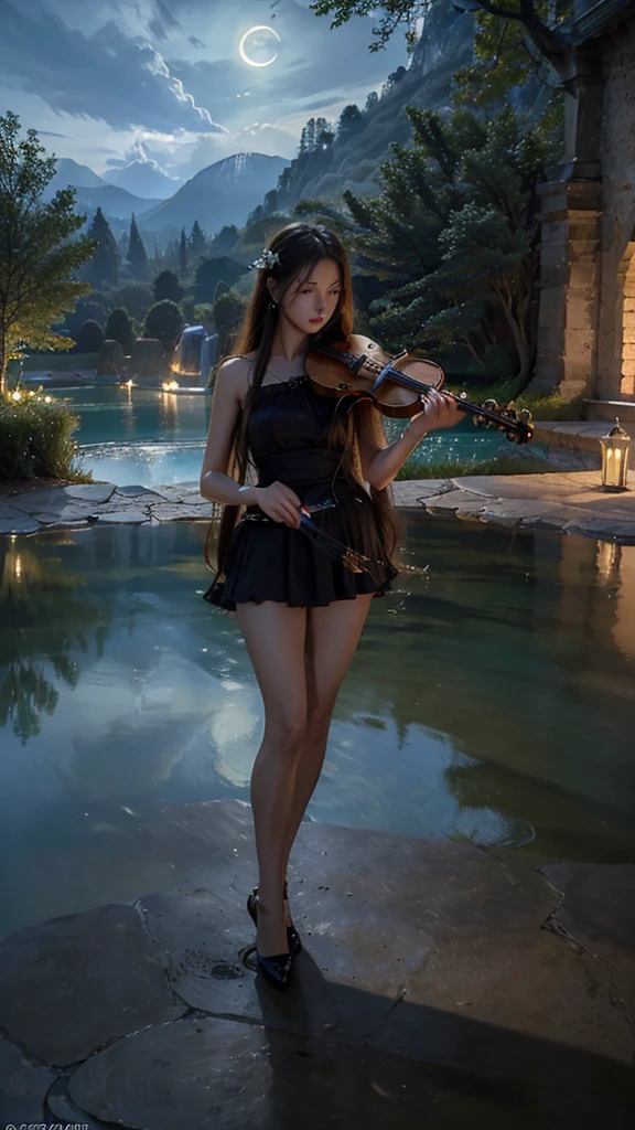 best quality,masterpiece,Ultra-high resolution,(photoactual:1.4),Fantasy,night,Moonlight,European style,Heaven,patio,pool,A 20-year-old,beauty,grace,Female angels,Long hair above waist,Elegant clothing,坐在pool旁,hand playing violin,
