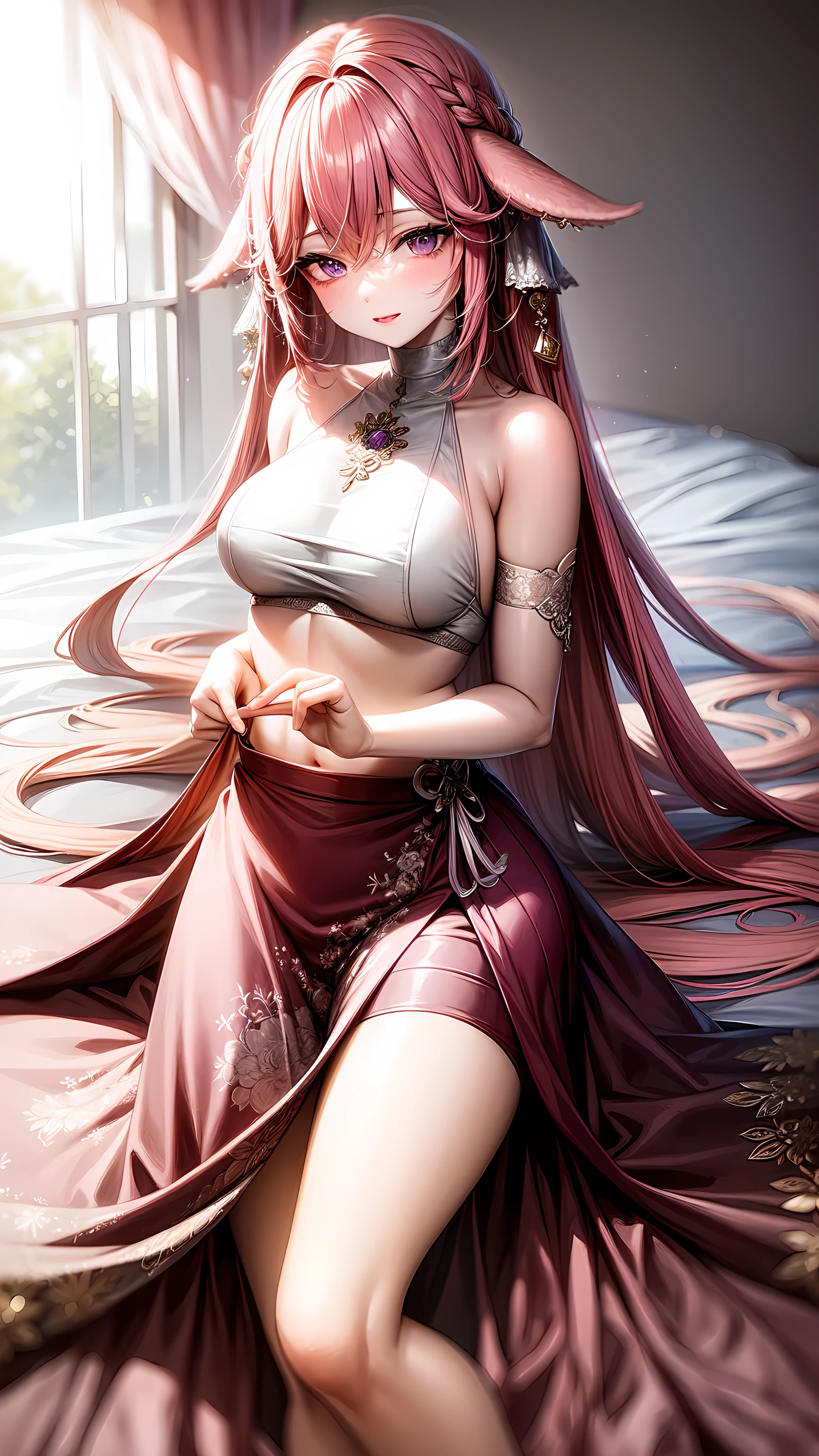 purple eyes,Wedding dress,long skirt,crop top,pink hair