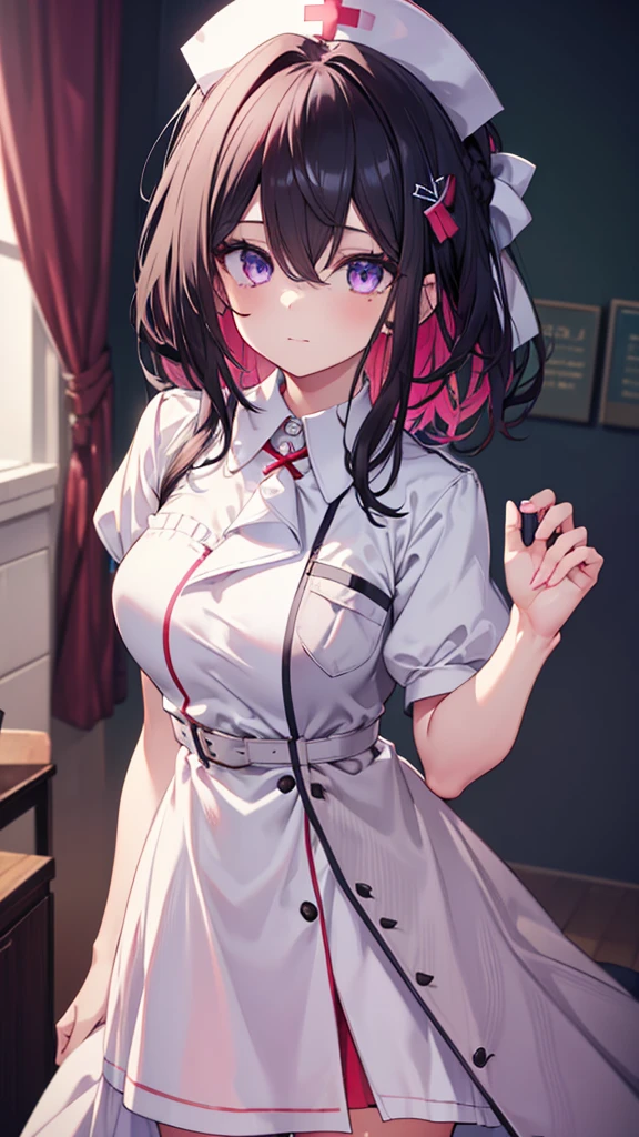 (best quality:1.2), (ultra detailed:1.2),(masterpiece:1.2),(8k:1.2),(Blessed,Captivating body、Ultra detailed hands、Ultra-detailed eyes、Ultra-detailed skin、ultra-detailed face,Detailed Background),One Girl、nurse, nurse cap, breast pocket, collared dress, short dress, short sleeves, thighs, white dress, white headwear, azki_(hololive) , 1girl, 独奏, multicolored hair, pink hair, purple eyes, black hair, dress, hair between eyes