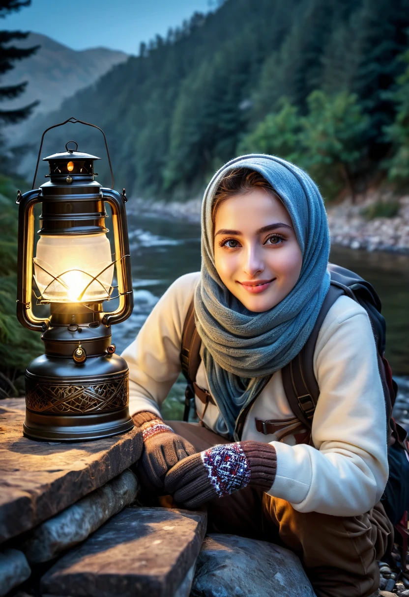Masterpiece ,ultra Realistic,high resolution , a turkish girl hjab,cute face,white skin,pale skin,fair skin,perfect eyes,ultra delicate face, ((upper body selfie, happy)), best quality, ultra-detailed, ground, outdoor, (at night), mountains, nature, (stars, moon) cheerful, happy, backpack, bag sleeping, camping stove, water bottle, mountain boots, gloves, sweater, lantern, forest, stones, river, wood, smoke, shadows, contrast, clear sky, style, (warm hue, warm tone)