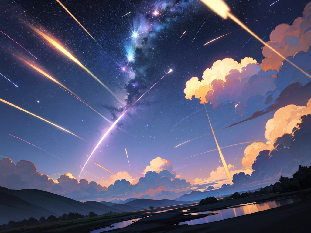 open space, midnight, starry sky, shooting stars, nohumans,