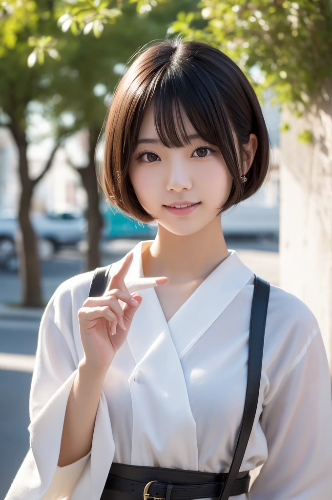 Beautiful 19 year old, intelligent and sophisticated Japanese girl. Hair in a bob, smile that exudes kindness and young power, one piece summer 2023. Medium-light, high speed shutter combined with modern photographic narrative action, ample lighting, clear focus, high quality, artistic, unique, award-winning photo, taken with Canon EOS 5D Mark IV DSLR camera, aperture f/8, iso 200, shutter speed 1/250,
2nd image 8K, details, Vertical portrait of a charming young Japanese lady making a peace sign, selfie style, high-definition, natural light, as if taken with a Canon camera Image 3 Visual blockbuster on the theme of hairstyle, Chinese girl with short hair, fashionable clothing with light hair, Chinese girl looking frontally at the camera, without makeup highlighting the texture and pores of facial skin, full color picture, close up - white solid background