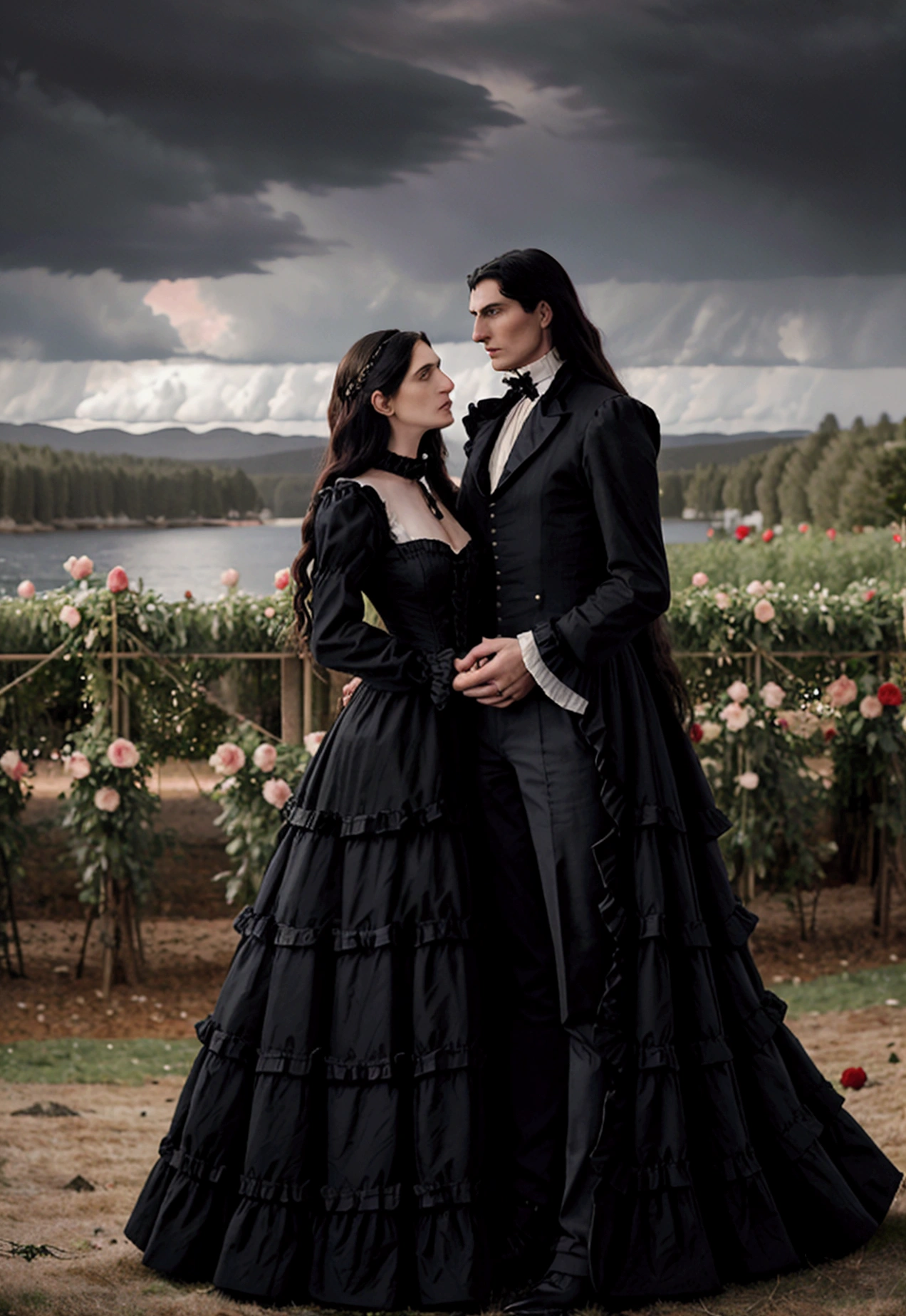 Gothic couple ((He in black Victorian clothes, ruffled neck collar, ruffled sleeve collar, Longhaire pretos, 1,90 metros de altura,Longhaire, straight half wavy, tall similar to Christopher Reeve and Peter Steele)),((ultrarealistic)),((hyper realist)),((the night)),((She in a Victorian dress,Longhaire e pretos, she with 1,58 m)), (( Scenario, in a flower field with rose bushes with black and red roses, cloudy and some distant pine trees and trees near a lake)).