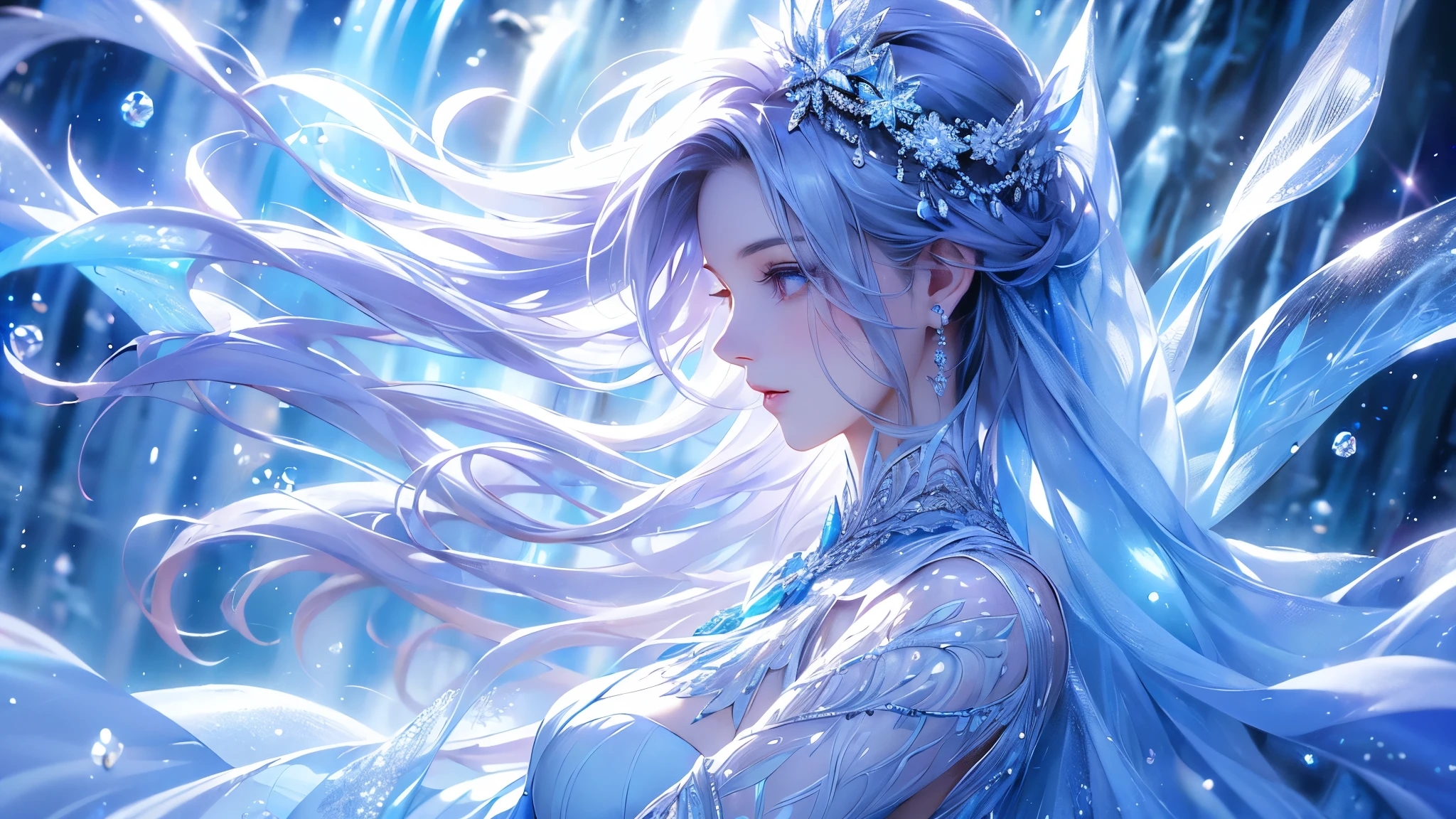 (long shot photo:1.5)wood, Exquisite mini ice spikes and crystals, Frozen waterfall in the background, Light reflected by ice crystals, Flowing snowflakes.1 girl, Beautiful woman、pretty girl,A realistic person,Beautiful cleavage,small breasts