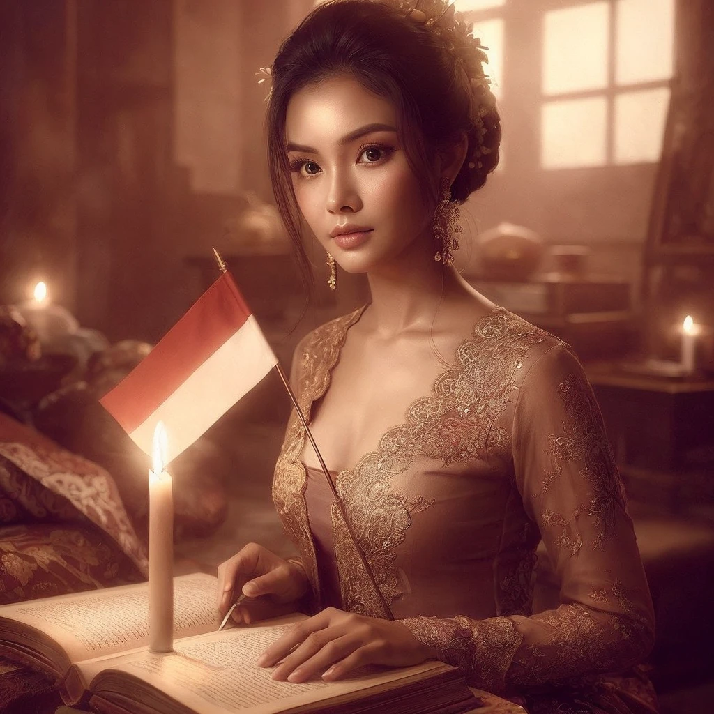 Create a sepia image featuring a beautiful Indonesian woman with a round face, realistic skin wearing a kebaya, her hair in a bun sitting in front of an open book. The woman is holding a red and white flag stretched over her shoulder, and there is a burning candle that provides light. The background appears to be indoors with dim lighting, creating an intimate atmosphere.