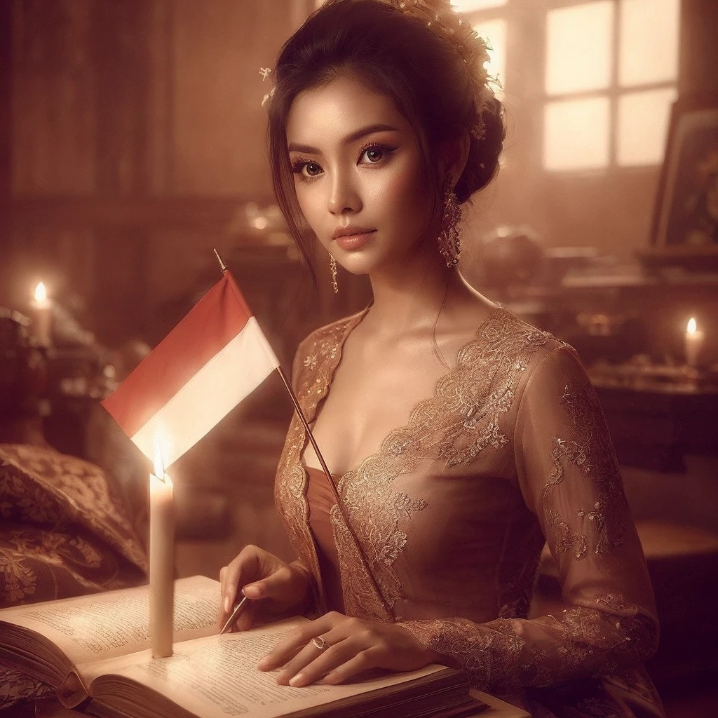 Create a sepia image featuring a beautiful Indonesian woman with a round face, realistic skin wearing a kebaya, her hair in a bun sitting in front of an open book. The woman is holding a red and white flag stretched over her shoulder, and there is a burning candle that provides light. The background appears to be indoors with dim lighting, creating an intimate atmosphere.