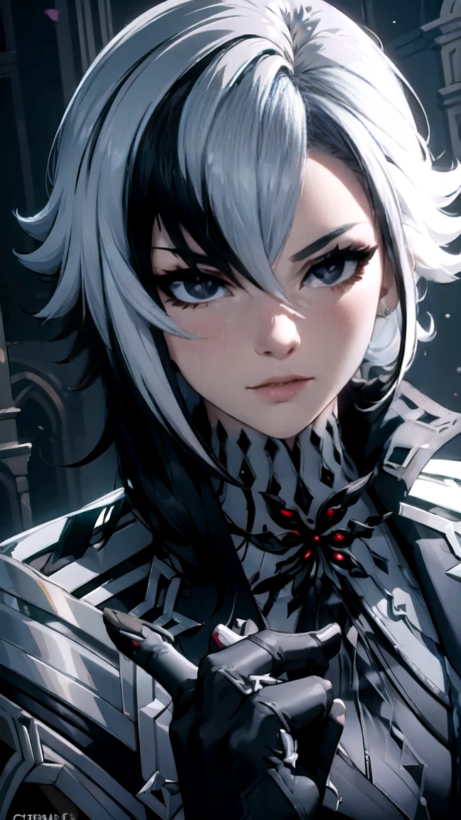 thick outlines, comics, photorealistic, perfect hands, masterpiece:1.2, Cathedral, Dark, Gothic, 1 girl, One, White hair, black hair, multicolored hair, X-shaped pupils, black eyes, Arles_suit, , detailed background, detailed face, detailed eyes, 