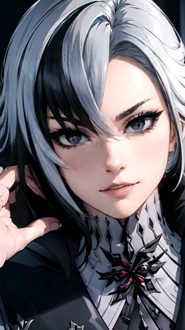 thick outlines, comics, photorealistic, perfect hands, masterpiece:1.2, Cathedral, Dark, Gothic, 1 girl, One, White hair, black hair, multicolored hair, X-shaped pupils, black eyes, Arles_suit, , detailed background, detailed face, detailed eyes, 