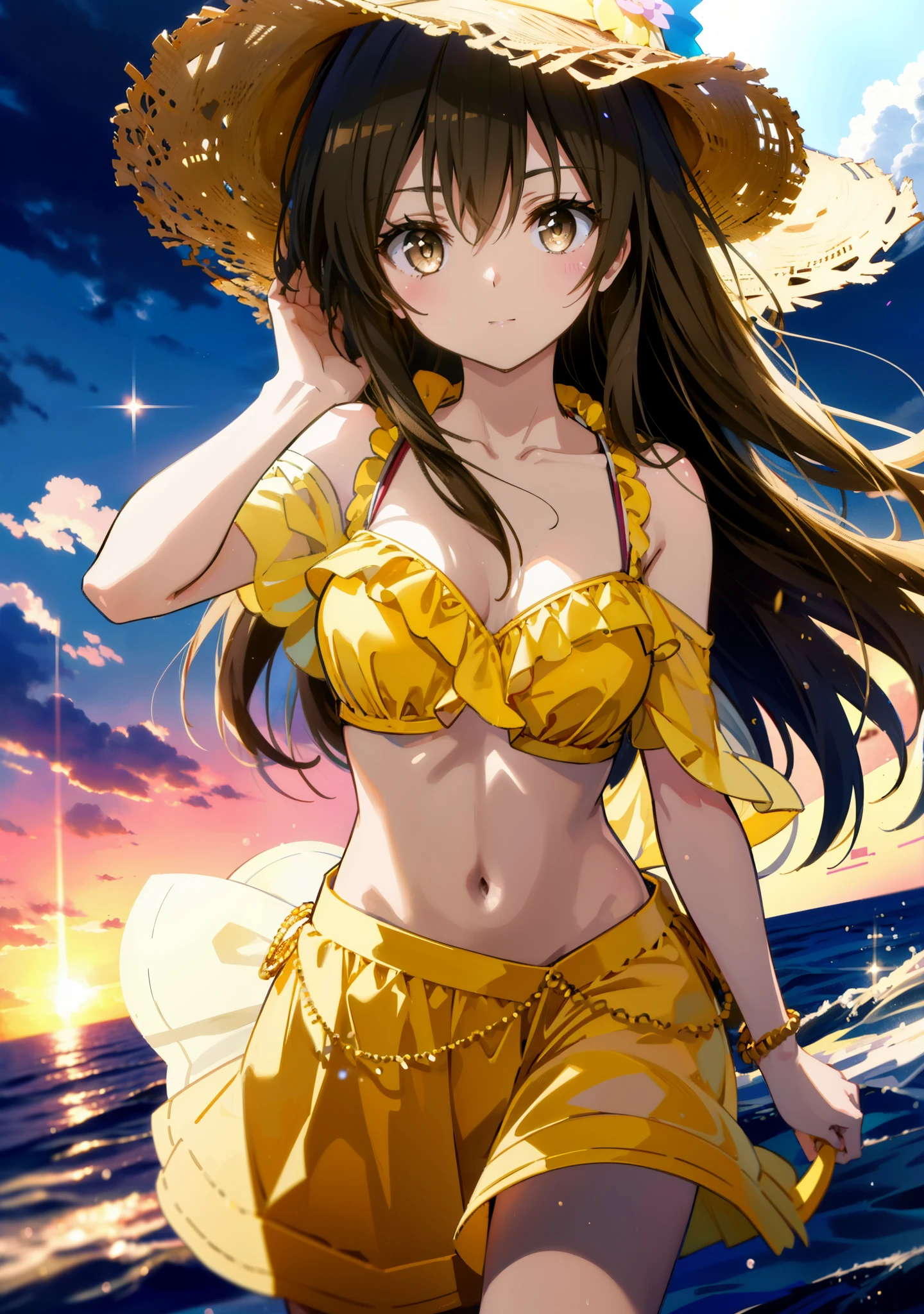 ((((Obra maestra, La mejor calidad, ultrahigh resolution)))), 1girl, standing, ((wearing a yellow bikini, yellow bikini skirt)), (long black hair in view, long hair:0.9, in frame), pale skin, ((brown eyes)), (ultra detailed eyes:0.7, beautiful and detailed face, detailed eyes:0.9), ((centered)), smile, ((wide shot)), facing viewer, (((vibrant background of outside, waves, bright lighting, summer, sunlight))), flat chested, looking at viewer, ((perfect hands)), ((head:1.2, hips, elbows, arms, in view)), ((hands behind back)), beautiful lighting, defined subject, (18 years old), ((cool looking)), ((sun glare)), ((happy, open mouth, smile))
