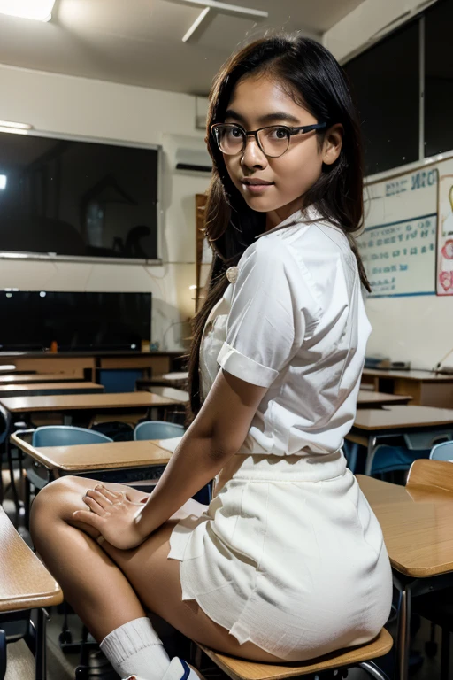myanmar school girl in the class, ((standing and showing off pubic hair)), wide spread legs, blouse, id card, squatting, (((glasses, braid))), hair up,myanmar .