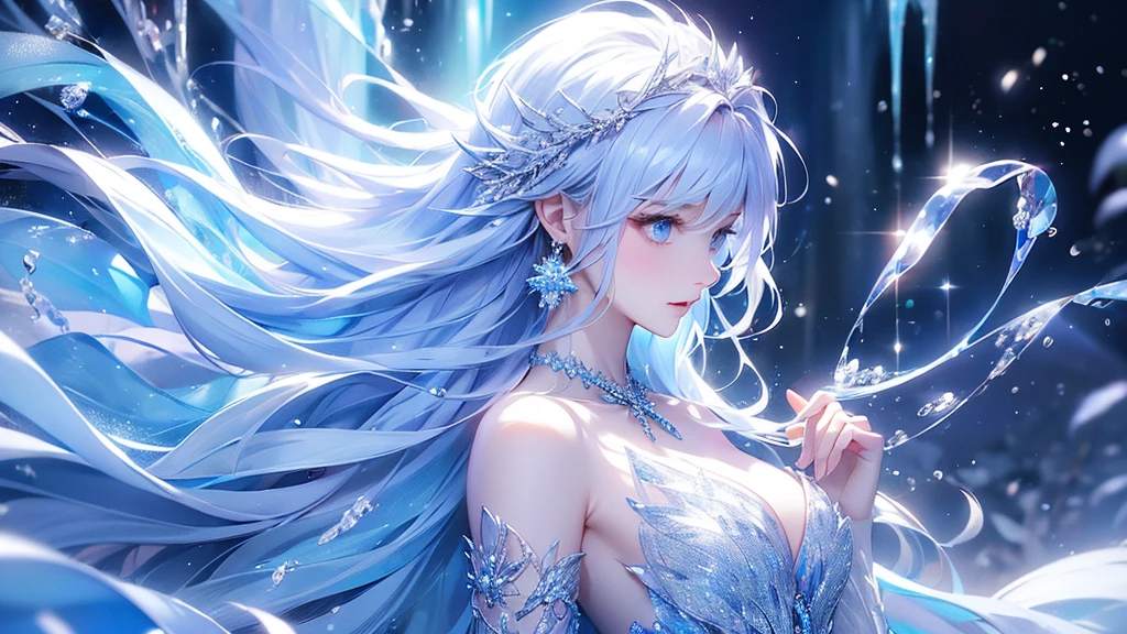 (long shot photo:1.5)wood, Exquisite mini ice spikes and crystals, Frozen waterfall in the background, Light reflected by ice crystals, Flowing snowflakes.1 girl, Beautiful woman、pretty girl,A realistic person,Beautiful cleavage,small breasts
