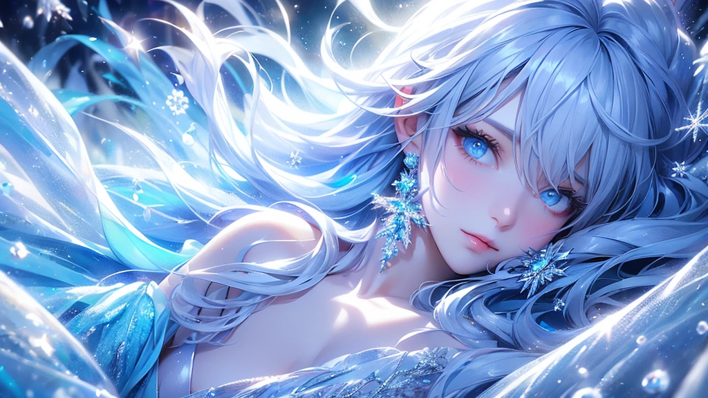 (long shot photo:1.5)wood, Exquisite mini ice spikes and crystals, Frozen waterfall in the background, Light reflected by ice crystals, Flowing snowflakes.1 girl, Beautiful woman、pretty girl,A realistic person,Beautiful cleavage,small breasts