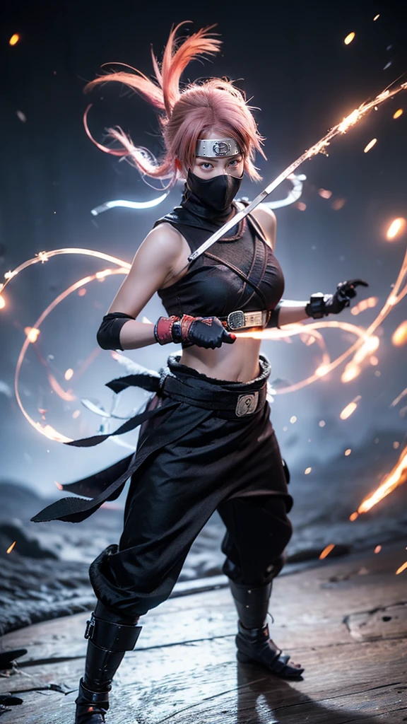 Moisturized skin, (red eyes), realistic body, (adult female body), energetic, (), (girl),
BREAK,
bright red lipstick, (beautiful navel), (pink hair), beautiful hair, (Hatake Kakashi's clothes: 1.3),
BREAK,
((masterpiece + highest quality + high resolution + highly detailed)), (full body: 1.2), symmetrical, one shot,
BREAK,
(electric shock), (wind blows), (blue electricity), (battle stance: 1.4),
BREAK,
(large Japanese sword), ninja, inside a mansion, assassination, cut, kunai, fantastical, dynamic,