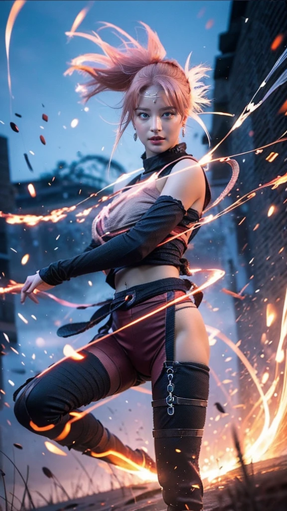 Moisturized skin, (red eyes), realistic body, (adult female body), energetic, (), (girl),
BREAK,
bright red lipstick, (beautiful navel), (pink hair), beautiful hair, (Hatake Kakashi's clothes: 1.3),
BREAK,
((masterpiece + highest quality + high resolution + highly detailed)), (full body: 1.2), symmetrical, one shot,
BREAK,
(electric shock), (wind blows), (blue electricity), (battle stance: 1.4),
BREAK,
(large Japanese sword), ninja, inside a mansion, assassination, cut, kunai, fantastical, dynamic,