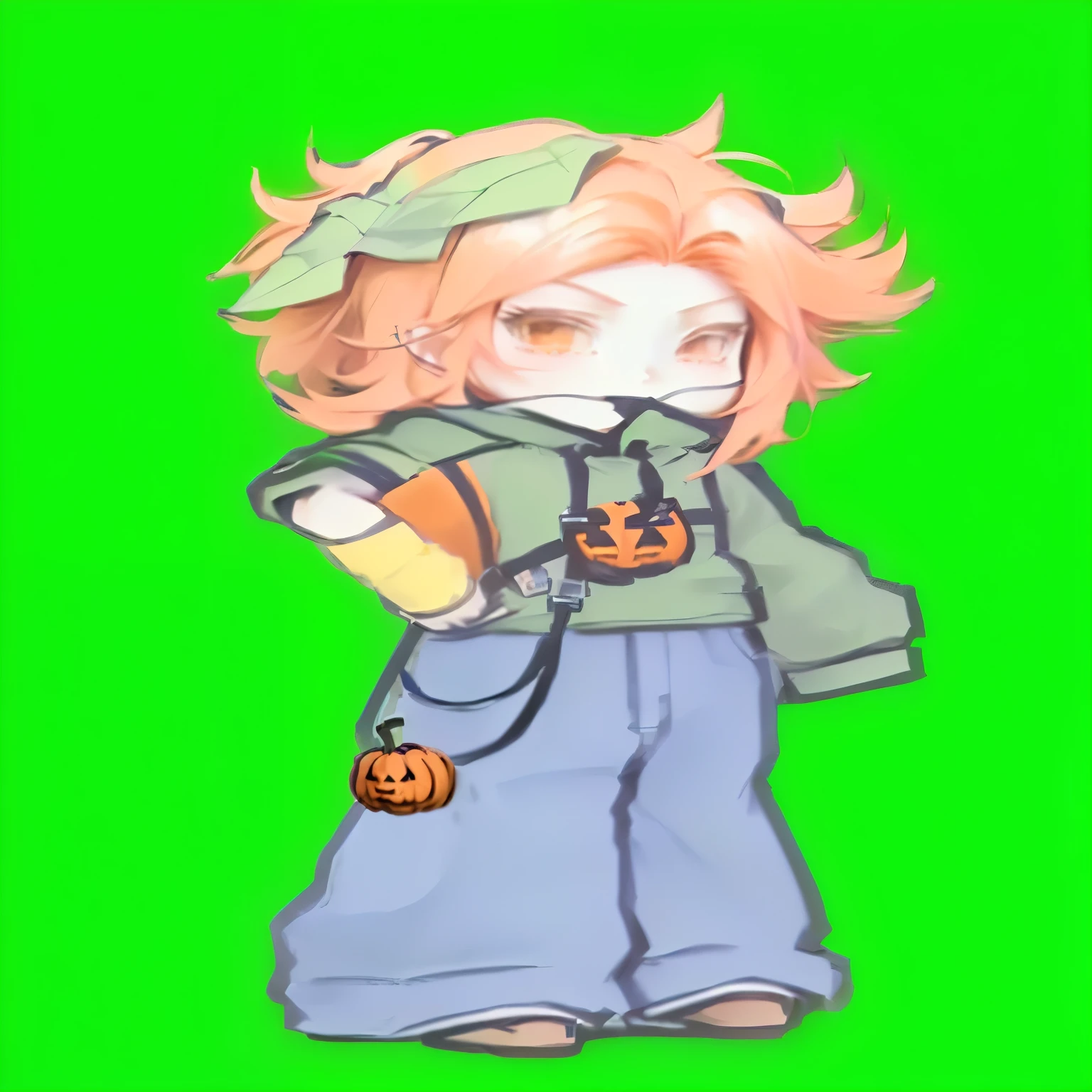 there is a drawing of a girl with a backpack and a pumpkin, holding a pudica pose, full body!, orange - haired anime boy, !!full body portrait!!, anime style character, full body adoptable, anime styled, long haired humanoid fursona, full body!!, chibi, inspired by Taiyō Matsumoto, cel shaded!!!