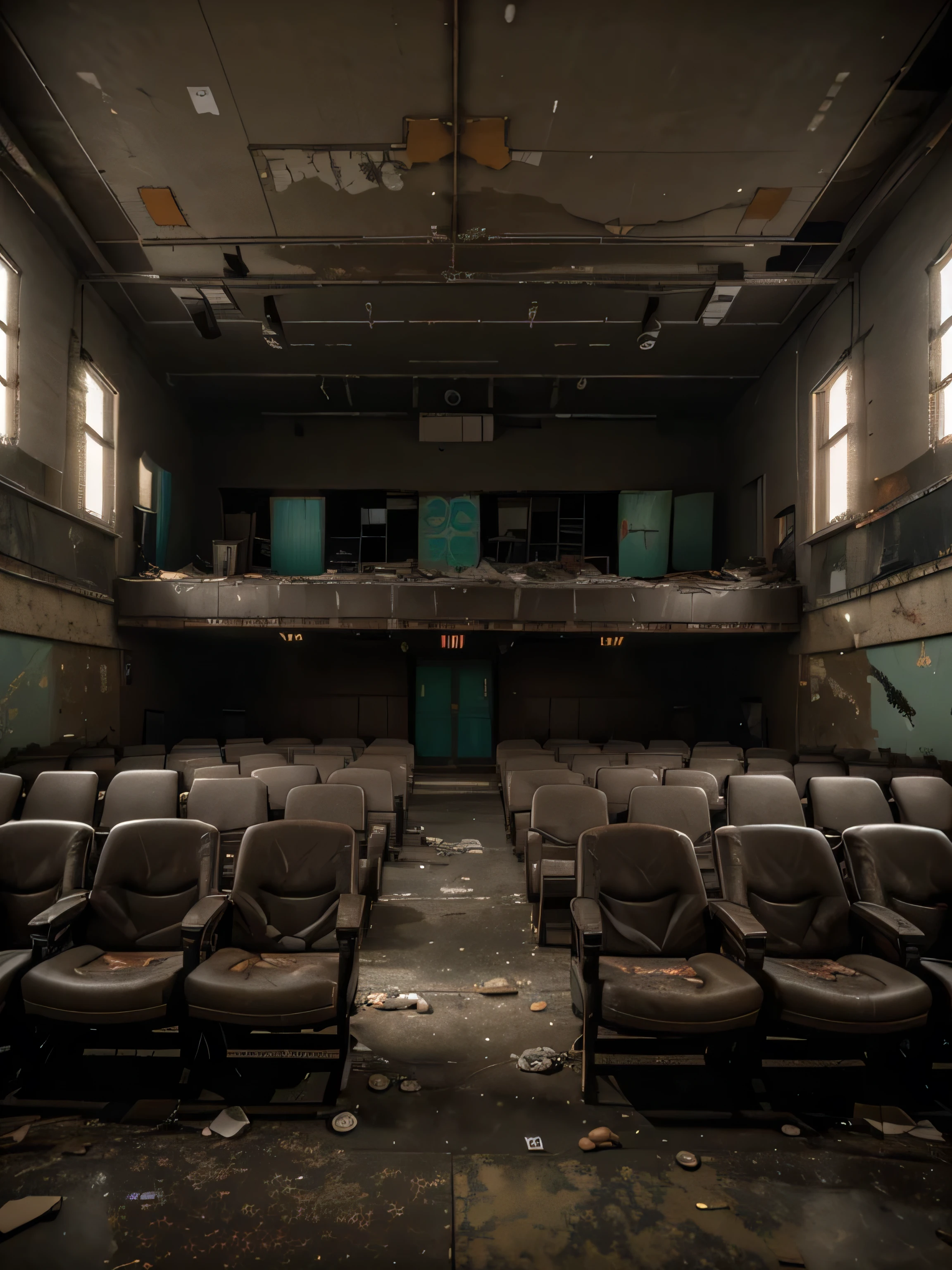 abandoned theater, broken theater chairs, peeled wall, cracked wall, fragment on the floor, graffiti wall, dusty air, dirty floor, messy atmosphere, with a walking space in the middle, with destroyed stage, abandoned building, peeling paint, theater chairs, destroyed stage, back view of theater, no lighting, night tone, dark tone, cinematic composition, gritty realism, highly detailed, 8k, photorealistic, masterpiece, professional photography