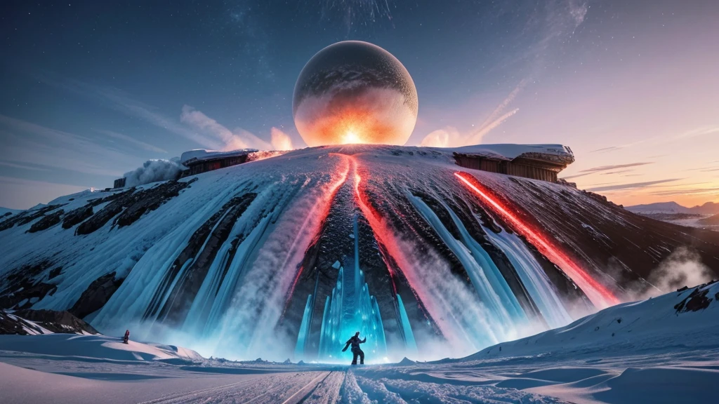 there is a snowboarder riding down a snowy mountain slope, an ice volcano, icy road on a planet of lava, industrial futuristic ice mine, amazingly epic visuals, stunning vfx, ice city in 2 0 8 0, highly detailed vfx scene, glinting particles of ice, a large sphere of red energy, red sprites in the atmosphere, movie screen shot SIMILAR TO THIS A TRAIN IS ADDED