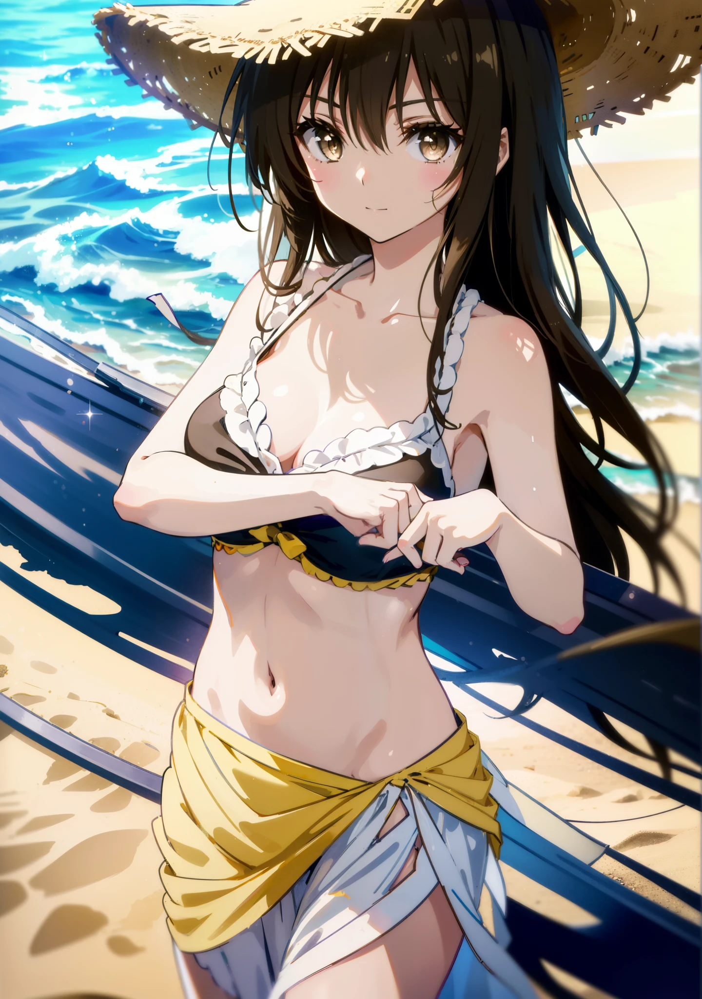 Yuikotegawa, yui kotegawa, Black Hair, (Brown eyes:1.5), Long Hair,Big Breasts,clavicle,smile,Straw hat,Bikini Swimwear,A thin long skirt is wrapped around her waist,Belly button,abdomen, Dancer, gold belly Dancer,whole bodyがイラストに入るように,Strolling on the sandy beach,
break outdoors, Beach,
break looking at viewer, whole body,(Cowboy Shot:1. 5)
break (masterpiece:1.2), Highest quality, High resolution, unity 8k wallpaper,, (shape:0.8), (Beautiful attention to detail:1.6), Highly detailed face, Perfect lighting, Extremely detailed CG, (Perfect hands, Perfect Anatomy),