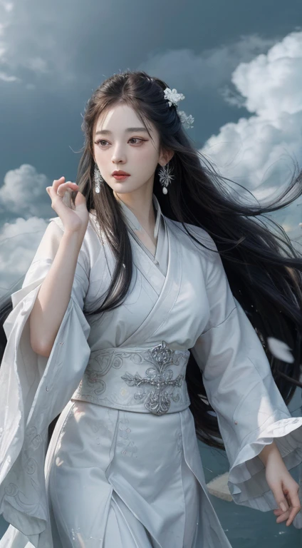 (Highest quality,4K,High resolution,masterpiece:1.2),Very detailed,Realistic, Black and white Hanfu,Black embroidery, Flowing white ponytail, long flowing hair, White Mask, Masks flutter in the wind, Fringe hair ornament, Peony flower, Ancient style, Wide sleeves, Dynamic pose, Dramatic composition, Falling petals, red waistband, Complex background, ancient architecture, Misty clouds, Fairy tale background, swirling clouds, Cinema Lighting.