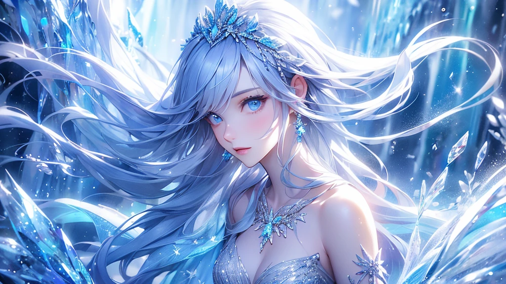 (long shot photo:1.5)wood, Exquisite mini ice spikes and crystals, Frozen waterfall in the background, Light reflected by ice crystals, Flowing snowflakes.1 girl, Beautiful woman、pretty girl,A realistic person,Beautiful cleavage,((small breasts))
