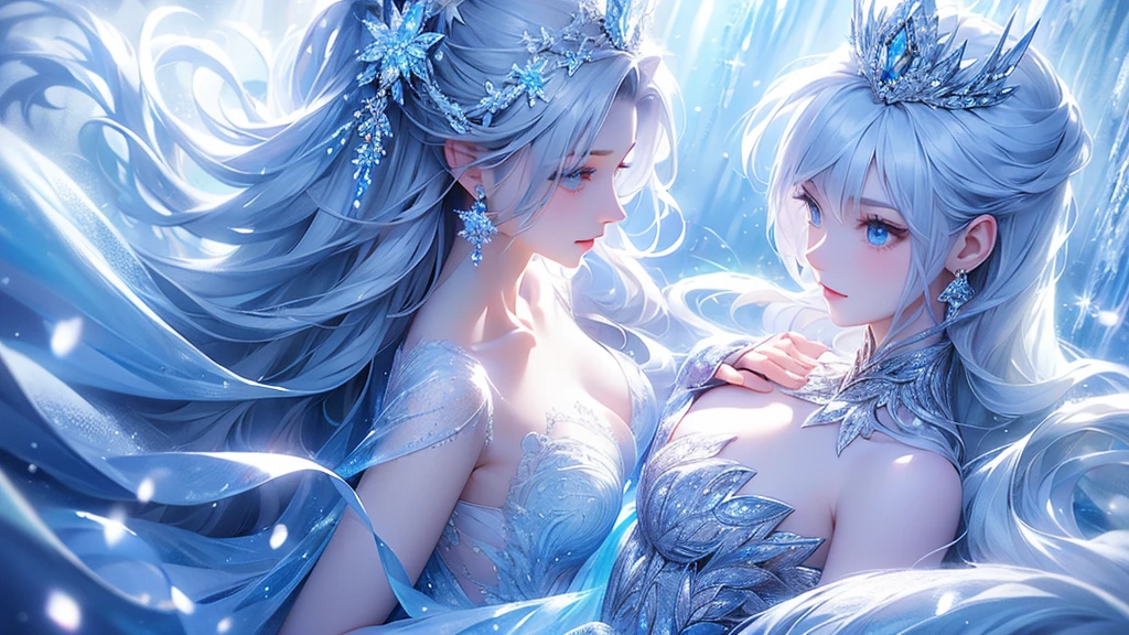 (long shot photo:1.5)wood, Exquisite mini ice spikes and crystals, Frozen waterfall in the background, Light reflected by ice crystals, Flowing snowflakes.1 girl, Beautiful woman、pretty girl,A realistic person,Beautiful cleavage,((small breasts))