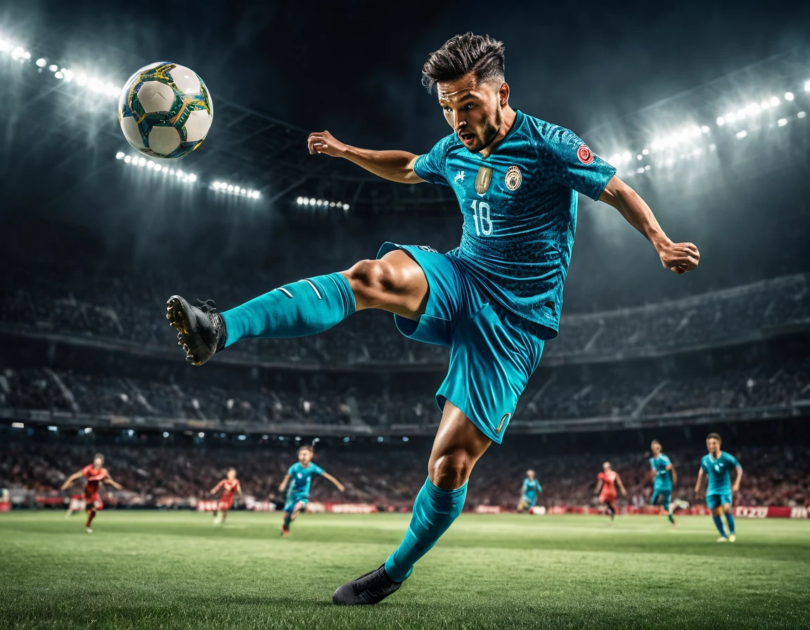 realistic sports photography, 1 soccer player, dynamic action pose, powerful kick, mid air, motion blur, dramatic lighting, cinematic composition, wide angle lens, ultra-detailed, (best quality,8k,highres,masterpiece:1.2),extremely detailed,photorealistic,vivid colors,professional