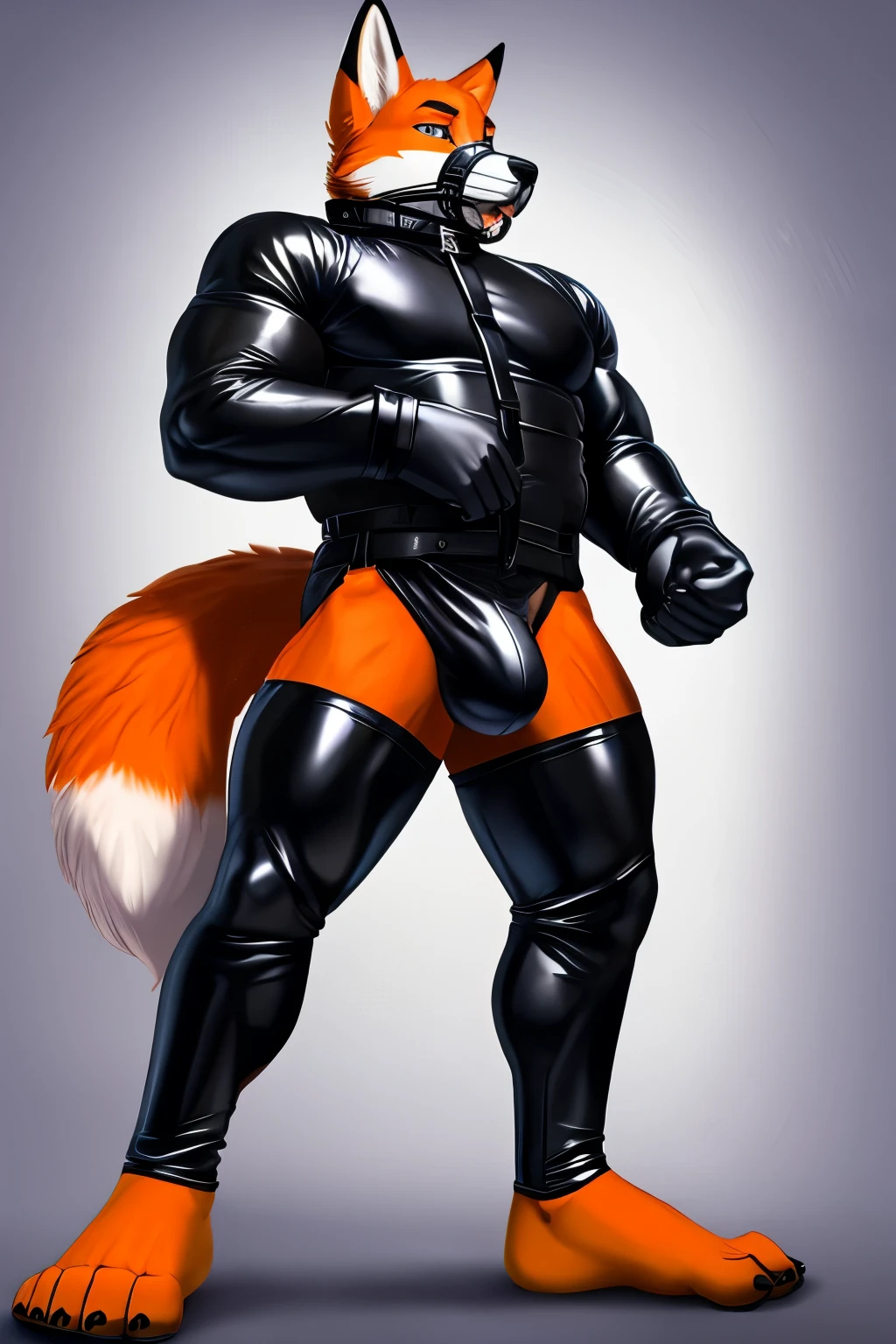 A muscular male fox fursona wearing a straitjacket, with black latex pants, with large and detailed buttocks, barefoot with big feet, and a bulge in the crotch, muzzled from the mouth with a leather muzzle