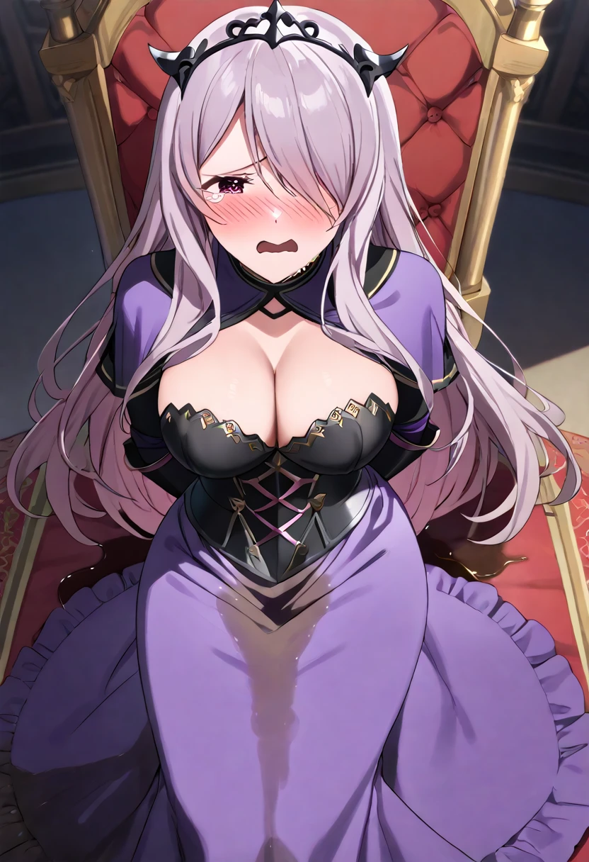 (high quality,Very detailed:1.37, High resolution), Woman, defCm, hair over one eye, black tiara, purple capelet, black armor, cleavage, gauntlets, gloves, (very long dress:1.5), skintight dress, masterpiece, best quality, (wetting herself:2.0), embarrassed, humiliation, sweating, (blush:3.0), (angry:1.5), (tears:1.5), crying, (sitting:1.5), throne, (hands behind back:2.0), from above, anime screencap