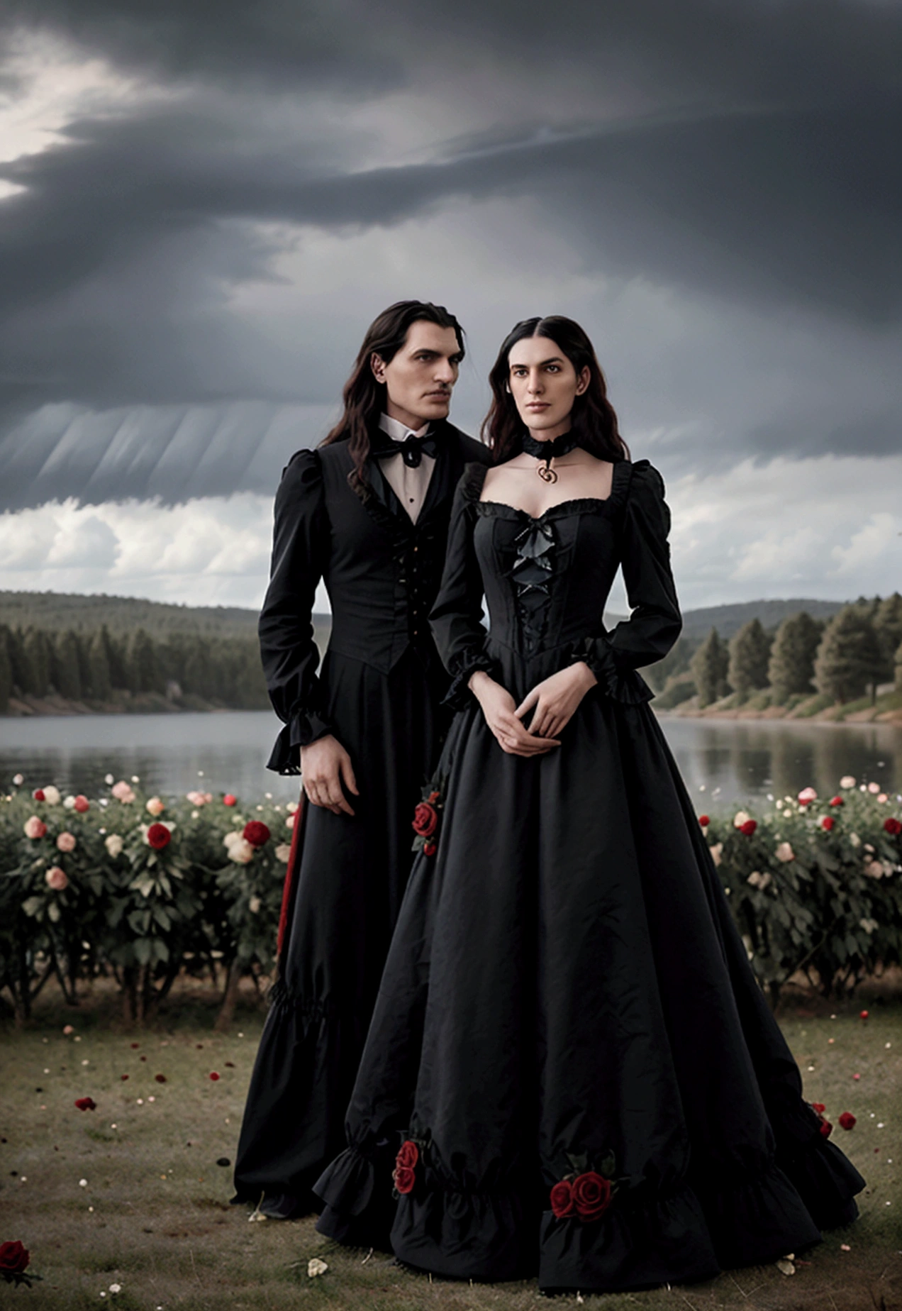 Gothic couple ((He in black Victorian clothes, ruffled neck collar, ruffled sleeve collar, Longhaire pretos, 1,90 metros de altura,Longhaire, straight half wavy, tall similar to Christopher Reeve and Peter Steele)),((ultrarealistic)),((hyper realist)),((the night)),((She in a Victorian dress,Longhaire e pretos, she with 1,58 m)), (( Scenario, in a flower field with rose bushes with black and red roses, cloudy and some distant pine trees and trees near a lake)). 