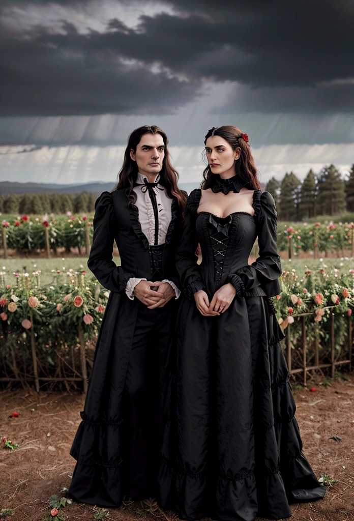 Gothic couple ((He in black Victorian clothes, ruffled neck collar, ruffled sleeve collar, Longhaire pretos, 1,90 metros de altura,Longhaire, straight half wavy, tall similar to Christopher Reeve and Peter Steele)),((ultrarealistic)),((hyper realist)),((the night)),((She in a Victorian dress,Longhaire e pretos, she with 1,58 m)), (( Scenario, in a flower field with rose bushes with black and red roses, cloudy and some distant pine trees and trees near a lake)).