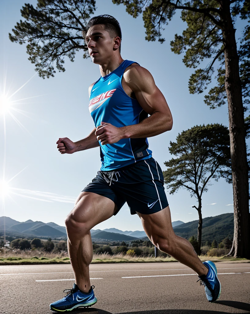 sports photography, athlete, running, marathon, dynamic movement, motion blur, high speed, action pose, muscular physique, sweat, determination, outdoor scene, sunlight, lens flare, cinematic lighting, photorealistic, 8k, hyper detailed, ultra-realistic, dramatic composition, vivid colors, cinematic atmosphere, professional sports photographer