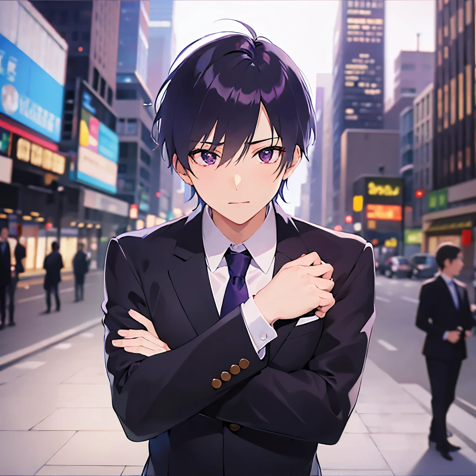 shiny skin,masterpiece,Highest quality,(27-year-old male:1.5),BREAK(Black short hair) and (Purple eyes)BREAK, (Wearing a suit:1.3) and (Purple tie),(surprised:1.3),(wide-eyed),The background is in front of the station,(Alone:1.5)