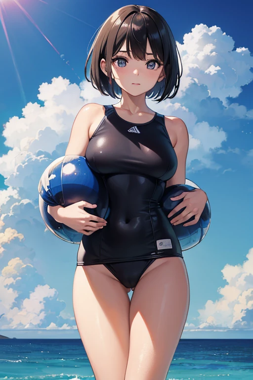 Cute Face、Baby Face、Beautiful girl、1people、High resolution、Fine-grained skin type、Swimming Wear Rodel Body Type、Giant furball、Black Bob、The act of holding one's breasts with hands when one's swimsuit comes off one's shoulders、Embarrassed face、Look at your breasts、Big eyes、White skin