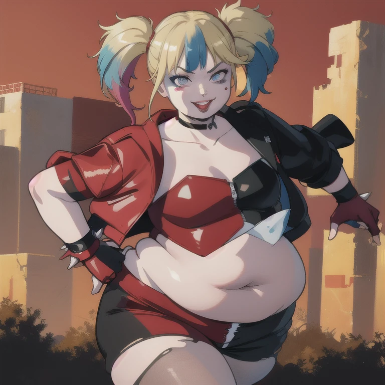 (masterpiece, best quality:1.2), solo, 1 fat girl, fat harley quinn, smile, looking at viewer, running, twintails, v-shaped eyebrows, two-tone jacket, crop top, short shorts, torn pantyhose, fingerless gloves, choker, spiked bracelet, cityscape scenery, running, sunset 