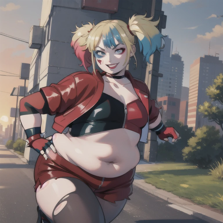 (masterpiece, best quality:1.2), solo, 1 fat girl, fat harley quinn, smile, looking at viewer, running, twintails, v-shaped eyebrows, two-tone jacket, crop top, short shorts, torn pantyhose, fingerless gloves, choker, spiked bracelet, cityscape scenery, running, sunset 