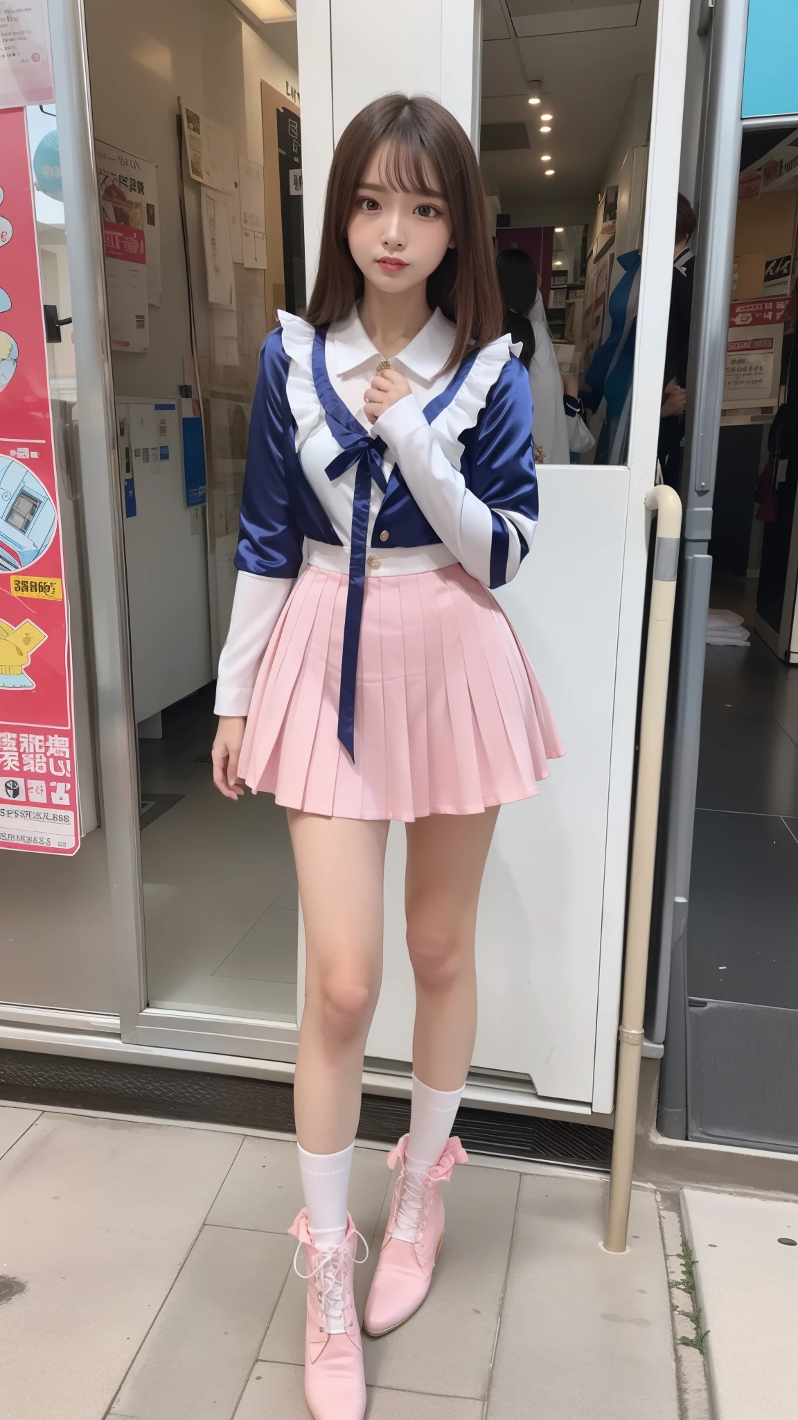 Costume like a idol, blue and white half sleeve Jacket, pink satin ruffled blouse, White and pink stripe pleated skirt, white lace up boots
