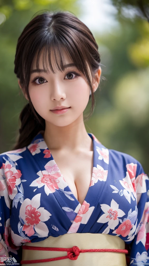 (8k、high resolution、High resolution、Fine details)High resolutionの顔、Zoom out、18 years old、 Beautiful detailed eyes、Random cute hairstyles、Yukata、Natural Makeup、Korean Idol、Ultra wide angle、Lifted、Large Breasts