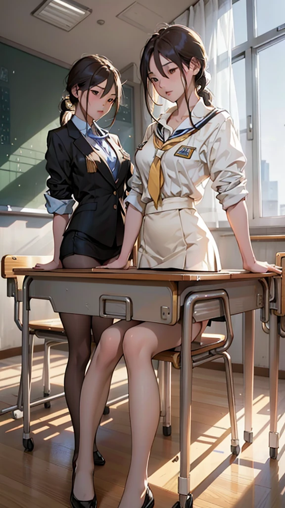 A couple studying in a sunlit school classroom, interior scene, warm natural lighting, detailed people, two students sitting at desks