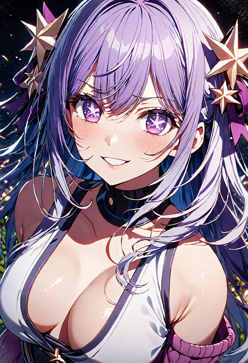 great quality ++ Extremely detailed high resolutionolution, very aesthetic, expressive eyes, (((perfect face))), (((face symmetrical))), ((good anatomy)), (((perfect hands))), (((8k))), UHD, HD wallpaper, (((detailed high cal, (((((1girl)))))), only, masterpiece, La Best Quality, high resolution, Highly detailed, (illustration), beautiful detailed eyes, (((combatant))), (((((1girl))))), (((solo))), ((((fullbody)))), (((HOSHINOAI))), ((((Girl with characteristics of Miku Izayoi and Hoshino Ai)))), (((rvcm_duotone3_hairstyle))), (((light indigo hair))), ((((((((purple eyes)))))))), (((rvcm_duotone3_haiRstyle))), (((agglutination))), Combination, (((mature female))), (((bangs))), (((blunt bangs))), (((hime cut))), (((hair ornament))), (((Idol))), (((Cooking))), (((home))), (((kitchen))), (((Singing))), ((((((((star-shaped pupils)))))))), (((purple eyes))), (((semi-backless red off-shoulder sweater))), (((Sleeveless Dress))), (((narrow shoulders))), (((narrow waist))), (((They are smiling))), Long hair, huge, garden of a castle, (((mature female))), masterpiece, Best Quality, ((masterpiece)), ((best calidra derailed)), Upper part of the body, (((face to face look))),
