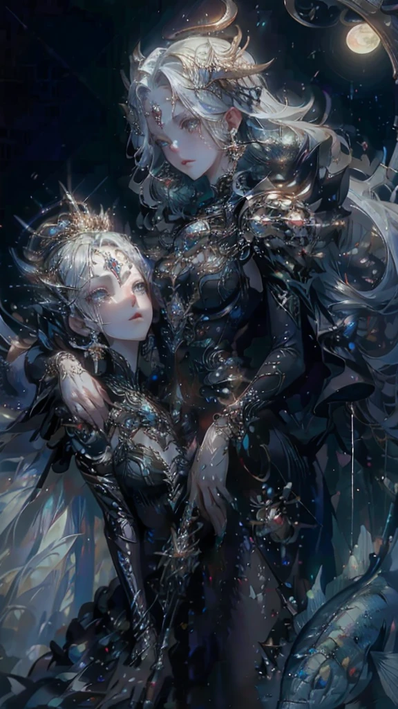 best quality,masterpiece,Ultra-high resolution,(photoactual:1.4),Fantasy,night,Moonlight,European style,Heaven,patio,pool,A 20-year-old,beauty,grace,Female angels,Long hair above waist,Elegant clothing,坐在pool旁,hand playing violin,