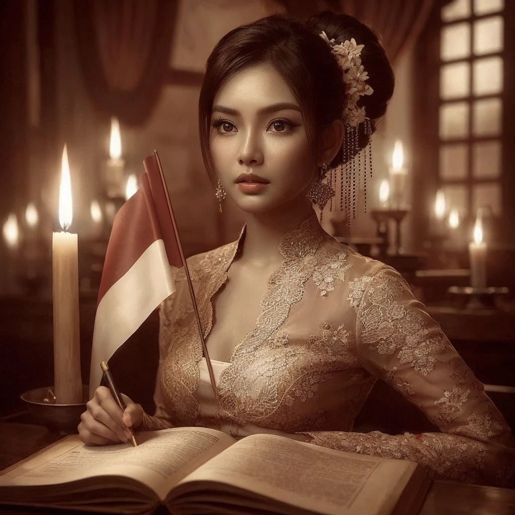 Create a sepia image featuring a beautiful Indonesian woman with a round face, realistic skin wearing a kebaya, her hair in a bun sitting in front of an open book. The woman is holding a red and white flag stretched over her shoulder, and there is a burning candle that provides light. The background appears to be indoors with dim lighting, creating an intimate atmosphere.