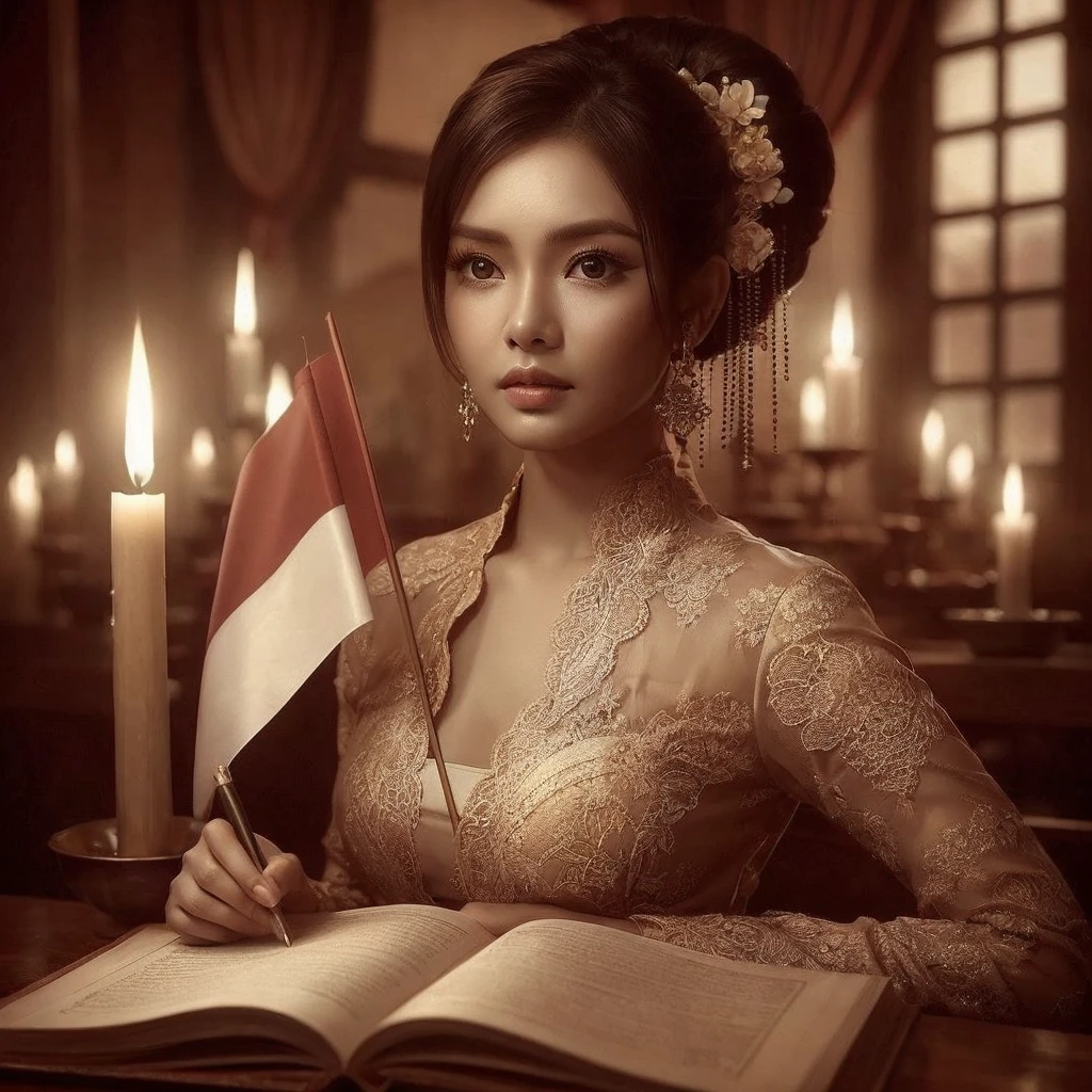 Create a sepia image featuring a beautiful Indonesian woman with a round face, realistic skin wearing a kebaya, her hair in a bun sitting in front of an open book. The woman is holding a red and white flag stretched over her shoulder, and there is a burning candle that provides light. The background appears to be indoors with dim lighting, creating an intimate atmosphere.