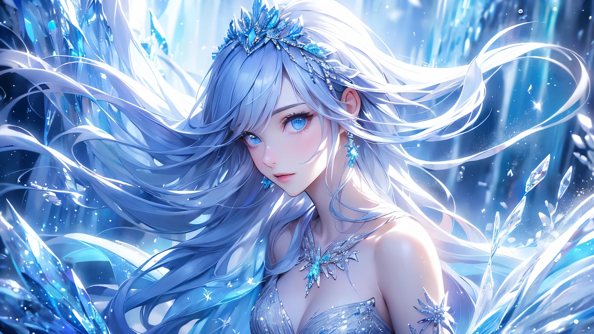 (long shot photo:1.5)wood, Exquisite mini ice spikes and crystals, Frozen waterfall in the background, Light reflected by ice crystals, Flowing snowflakes.1 girl, Beautiful woman、pretty girl,A realistic person,Beautiful cleavage,((small breasts))