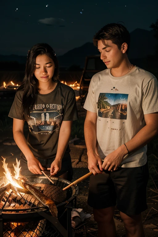 An 18 year old woman and a 20 year old man in t-shirts Written with the name Shadie. are grilling fish on a campfire, with rice fields in the background at night and lots of stars