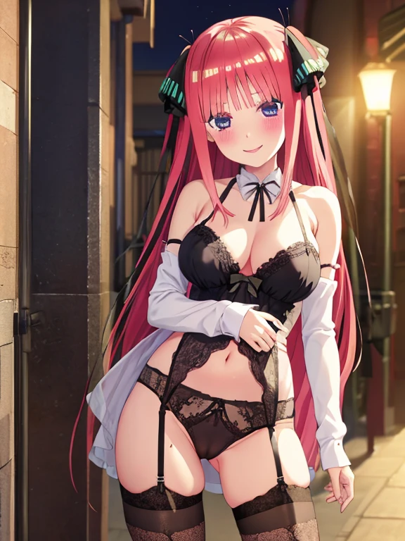 best quality, insanely detailed, nino nakano, breasts, blush, outdoor background, bare-shoulder, looking at viewer, garter strap, a black ribbon, stockings, pussy, smile, lingerie garterbelt