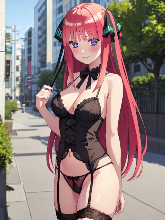 best quality, insanely detailed, nino nakano, breasts, blush, outdoor background, bare-shoulder, looking at viewer, garter strap, a black ribbon, stockings, pussy, smile, lingerie garterbelt