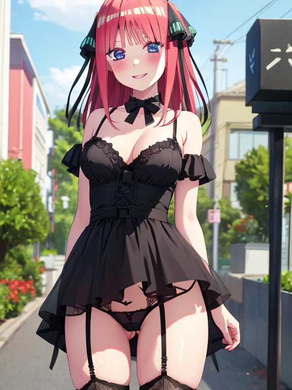 best quality, insanely detailed, nino nakano, , blush, outdoor background, bare-shoulder, looking at viewer, garter strap, a black ribbon, stockings, pussy, , lingerie garterbelt