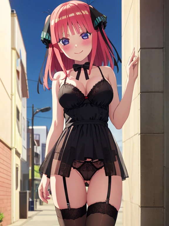 best quality, insanely detailed, nino nakano, breasts, blush, outdoor background, bare-shoulder, looking at viewer, garter strap, a black ribbon, stockings, pussy, smile, lingerie garterbelt