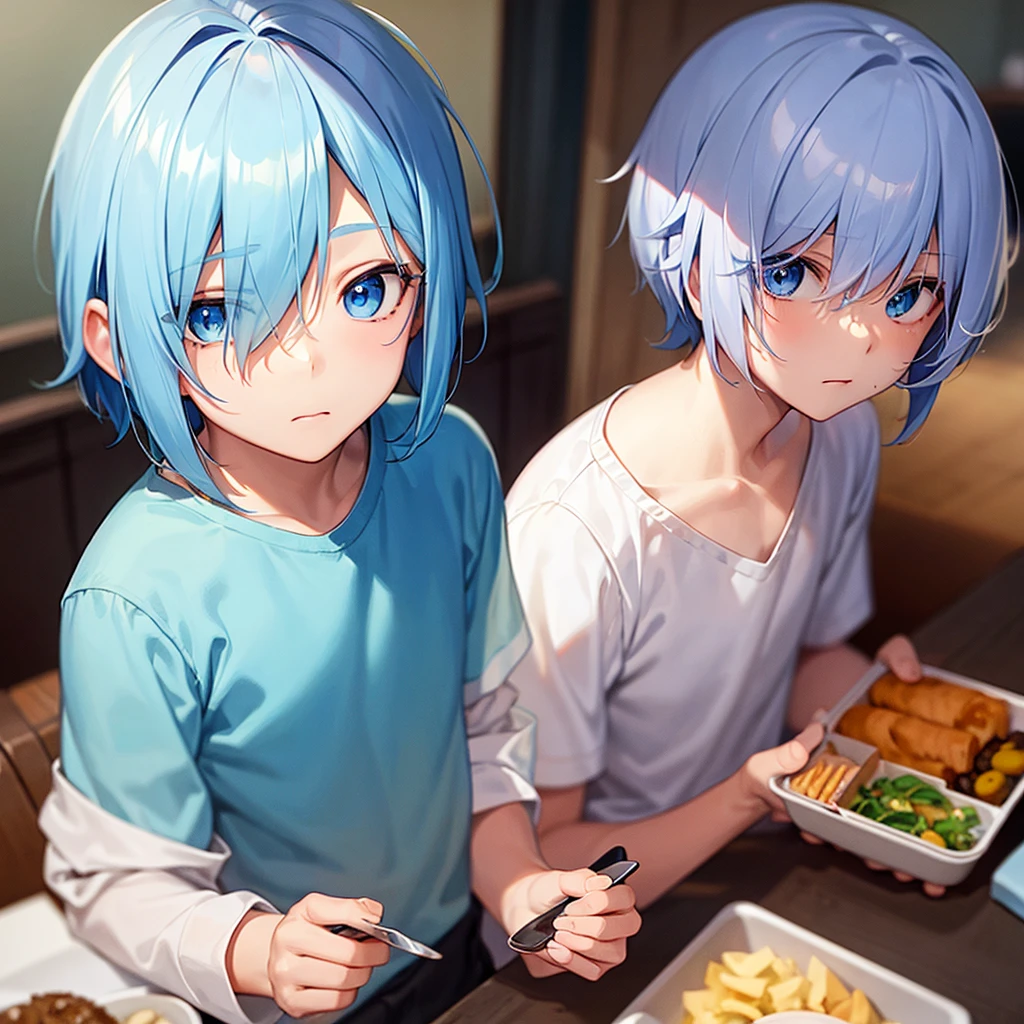 One boy,One-eyed,Light blue hair,Bob,blue eyes, Simple Background, Food, anime,